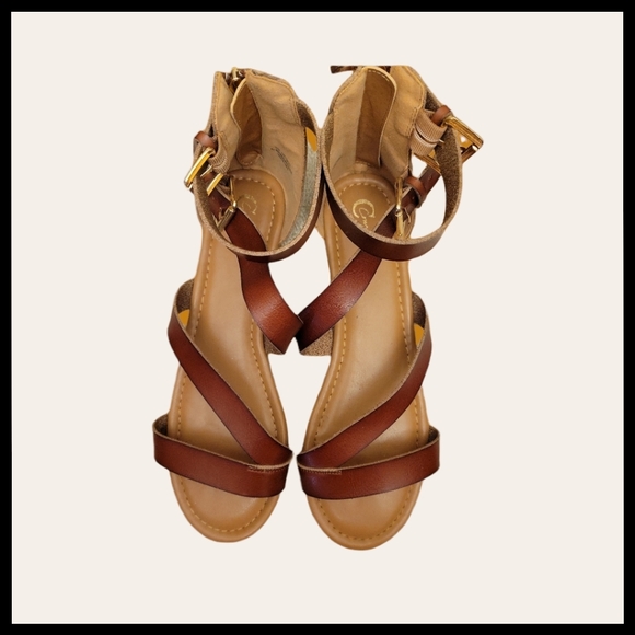 Cognac Zip back Strappy Sandals 10M - Picture 4 of 9